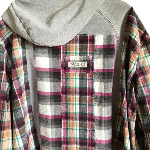 Patchwork Hoodie, Plus Size XL-2X: Upcycled Gray Magenta Plaid Boho Jacket - Picture 15 of 15